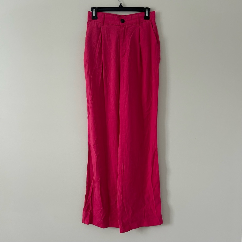 Zara High Rise Pleated Front Wide Leg Hot Pink Fuchsia Trouser Pants XS